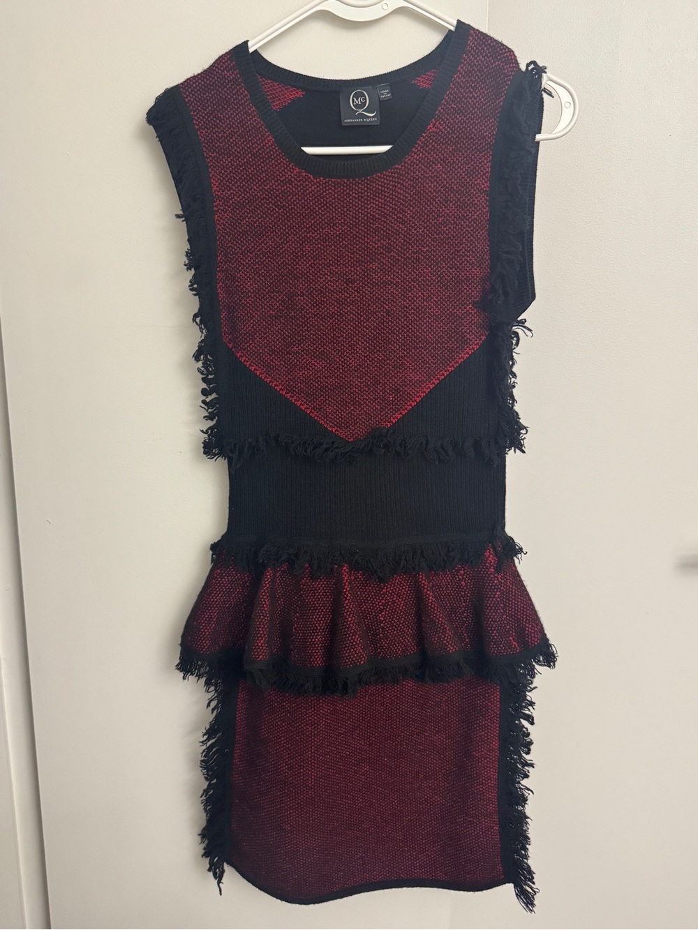 McQ Alexander McQueen Wool Cashmere Fringe Red & Black Knit Dress Sz Xs/S $1200